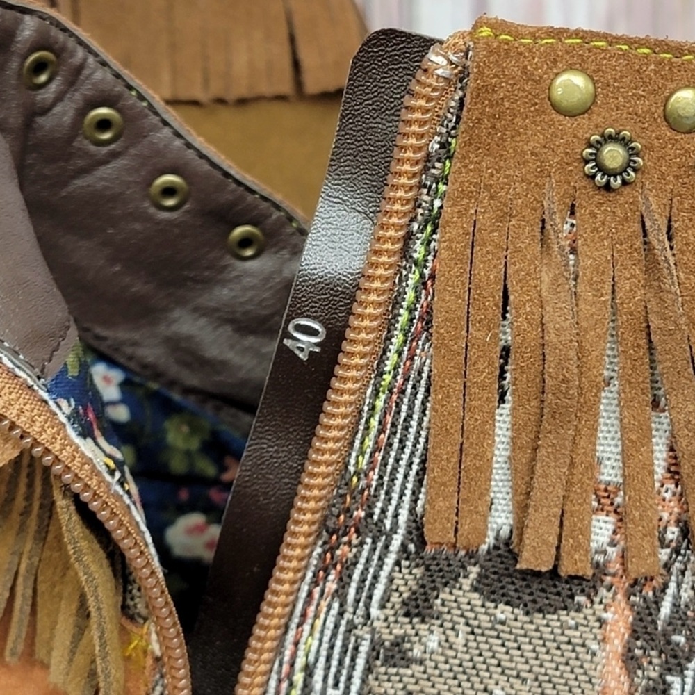 NIB Soffia Brown Tapestry Accent Triple Fringe Leather Boots - Sz 40 (US 9) - Picture 8 of 9